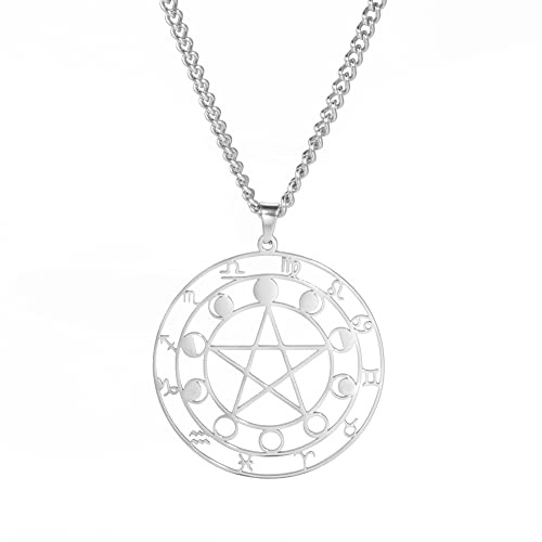 Dreamtimes Halskette mit Pentagramm-Anhänger Edelstahl 12 Sternbilder keltische Sterne Mond Wicca heidnische Halskette magisches Amulet Schmuck für Männer und Frauen (Mond-S)
