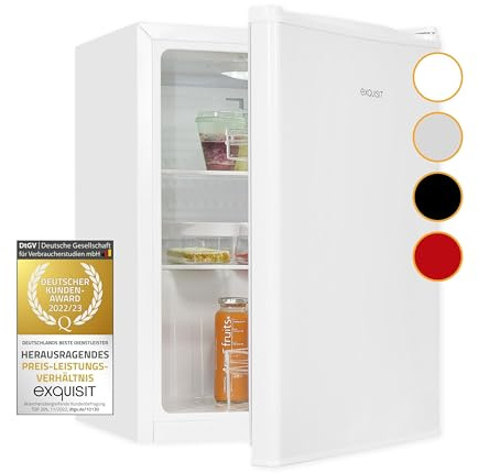 Exquisit KB60-V-090E Mini-Kühlschrank in Weiß - 52 L - LED - 45 cm Breit | Kompakte Minibar für Getränke & Snacks, ideal für Büro & Hotel, flexibler Türanschlag, Glasablagen, leise Kühlung
