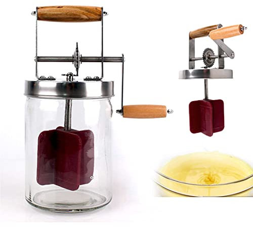 Churner de mantequilla con manivela manual, manual de madera, engranaje de acero inoxidable, fabricante manual de mantequilla, tarro de albañil para el hogar, cocina, hornear (1000ml)
