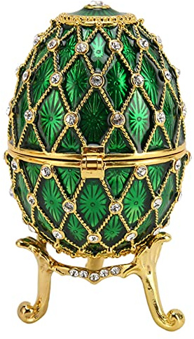 TREETDOBV Faberge Egg Trinket Boxes, Vintage Exquisite Rhinestones Trinket Boxes with Hinged, Egg Enameled Rhinestones Jewelry Box Classic Ornaments Metal Craft Gift for Home Decor(Green)