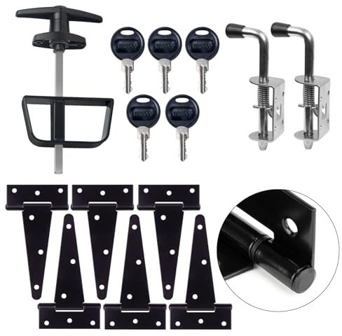 BTEOBFY Quincaillerie pour porte d'abri de jardin – Complet avec charnières, loquets et serrure à poignée en T – Comprend un ensemble de charnières de fenêtre et de porte/fenêtre, pour portails,