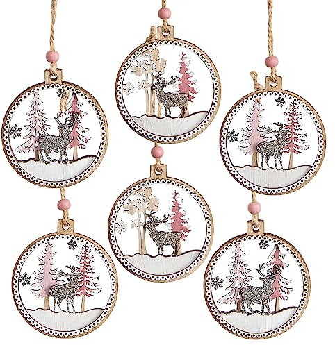 Logbuch-Verlag 6 Weihnachtsbaumanhänger Christbaumkugeln aus Holz flach rosa weiß Winterlandschaft Weihnachtsdekoration Ø 6,5 cm