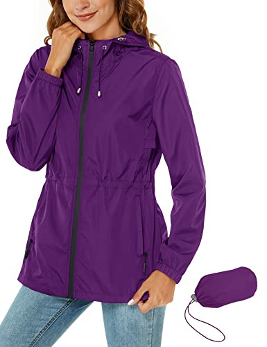 Rapbin Chubasquero plegable para mujer, impermeable, transpirable, ligero, cortavientos, con capuchaChaqueta cortavientos impermeable para senderismo., morado, L