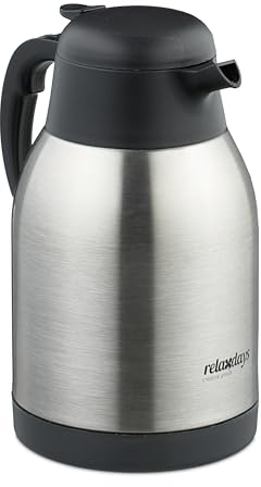 Relaxdays Isolierkanne Edelstahl, Warmhaltekanne Tee, Thermo-Kaffeekanne, 2 Liter; Thermo-Karaffe mit Griff, Silber
