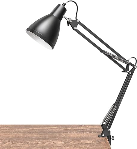 Newray Lampada da scrivania industriale con braccio oscillante nero con lampada da lettura con morsetto in metallo per ufficio, studio