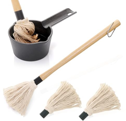 Eorbow Cast Iron Sauce Pot and BBQ Mop Brush Set for Grilling, 7 Pcs Barbecue Accessories Include Basting Melting Saucepan, Wooden Sauce Mop with 4 Replacements for Meat Smoker, Grill, Stove