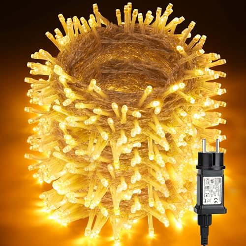 PhilzOps Luci di Natale da Esterno 1000 LED, 100M Catena Luminosa Interno 8 Modalità Impermeabile IP44 Bianco Caldo Luce Decorazioni Natalizie per Casa Festa Matrimonio Giardino, Filo Trasparente
