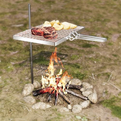 DPZM Griglia girevole per falò, regolabile a 360°, in acciaio resistente, portatile, essenziale da campeggio, barbecue sopra il braciere, attrezzatura da cucina per esterni a fiamma aperta