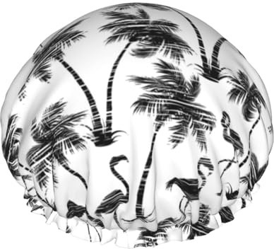 Wiederverwendbare Duschhaube für Damen, Palmen-Flamingo-Badehaube, doppellagig, wasserdicht, Dusch-Haarschutz, verstellbares Gummiband, Duschhut für Home-Spa-Salon, Badehauben