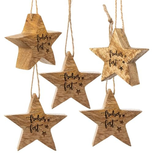 Logbuch-Verlag 6 Sterne Anhänger mit Text Frohes Fest Holzsterne Geschenkanhänger Weihnachten 6,5 cm braun