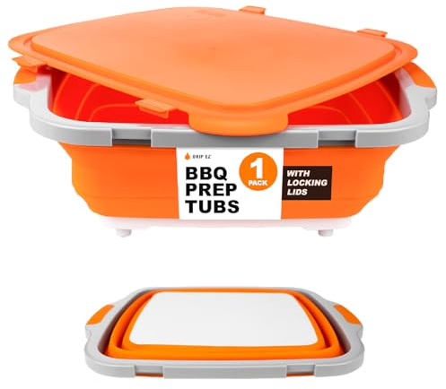 Drip EZ Collapsible BBQ Prep Tub- for Meal Prep Marinating Food Storage - Includes Cutting Board & Locking Lid - (1) OG - Orange