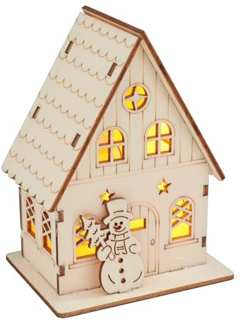 VBS Holzbausatz Haus mit Schneemann inkl. LED 9 Teile Hölzernes Weihnachtsdorf winterliches Haus Holzhaus Weihnachtlich DIY-Set Weihnachtsdeko