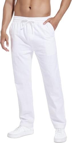 Hoerev Pantalon décontracté en Lin et Coton Respirez Facilement avec Un Pantalon léger de Bord de Plage,Blanc,3XL