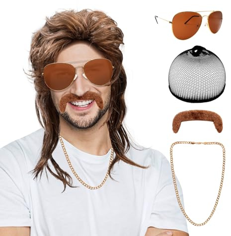 Vokuhila Perücke Herren 5er Set, 80er 90er Jahre Outfit Herren Accessoires, Braun Herren Perücken, GoldFarbe Halskette, Sonnenbrille, Schnurrbart, Perückennetz, für Faschingskostüme Halloween Männer