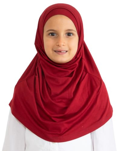 Prien lätt att bära hijab för flickor, muslimsk halsduk för barn, omedelbar hijabs för kvinnor, viskos barnhalsdukar för Ramadan Eid, Vinröd, one size