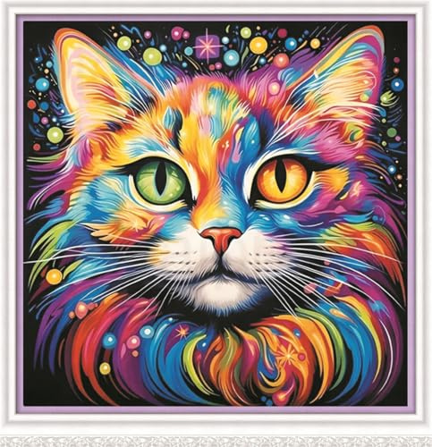 Meecaa Kreuzstich-Set mit 11-fädigem Stempel, Katzen-Tierfarben-Stickset mit vorgedruckten Zubehörteilen (36 x 36 cm) (Cat 9)
