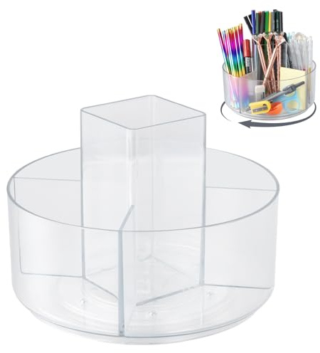Pennhållare, 18 x 18 x 14 cm, 360 graders roterande pennorganiserare med 5 fack, pennhållare i plast för skrivbord, sminkborsthållare för stationär förvaring, hemmakontor skola