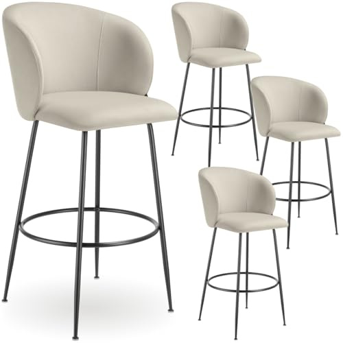 tectake® Taburete Alto con Respaldo Acolchado, Silla Alta de Cocina con Reposapiés, Banqueta con Patas de Acero y Topes Antideslizantes, Silla de Bar, Taburete de Cocina - 4 sillas Crema/Negro
