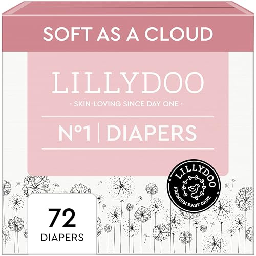 LILLYDOO Disposable Baby Diapers, Size 1 (4+ lbs), 72 Count, Absorbent Leak Protection, Ultra Soft, Sensitive Skin, Hypoallergenic, Fragrance-Free, Dermatologist Tested