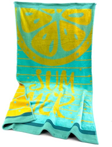 heimtexland ® Strandtuch Soft Velours Badetuch Sommer Handtuch 90 x 160 cm Duschtuch saugstark Frottier 100% Baumwolle Oeko-TEX Typ907 Zitrone blau - 1 Stück