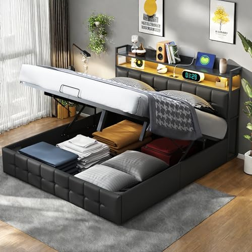 SHAODENG Bett 160x200 cm mit USB-Aufladen und LED Beleuchtung, Polsterbett Doppelbett, Hydraulisch Stauraumbett Jugendbett, Funktionsbett Bettgestell mit Lattenrost, Schwarz, PU, Ohne Matratze