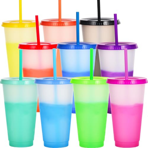 Yisituo 710ml Becher mit Deckel und Strohhalm, 10 Stück Farbwechsel Becher, für Kinder, Mehrweg Plastikbecher, für Partys, Smoothies und Travel(10, Reines Weiß)