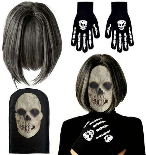Vspek Halloween Masque Squelette, Courte Postiche Droite Perruque, Gants Lumineux Squelette, Masque Intégral Réaliste, Respirant, Léger et Confortable, idéal pour le cosplay, les fêtes, le carnaval