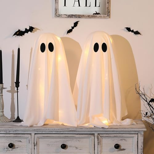 Halloween Deko Leuchtend Geister, 2er Pack 52cm Geister Deko mit Lichterkette, Batteriebetriebene, Süße Tischdeko Ghosts für Halloween Deko Innen Außen Party Zuhause Tisch Zimmer & Kamin (B)