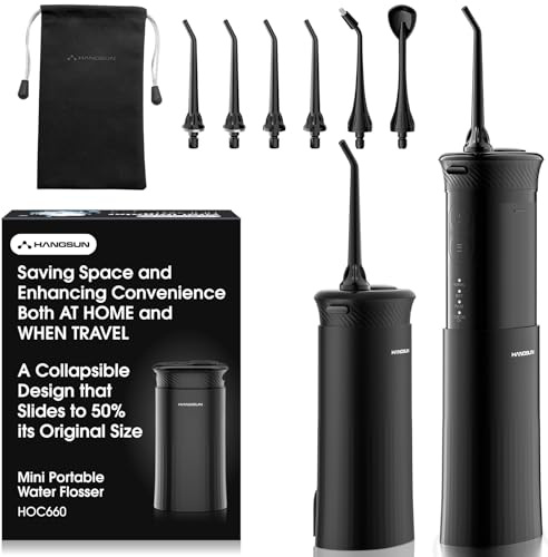 Hangsun Travel Water Flosser for Teeth Cordless, Portable Electric Dental Water Tooth Flosser 4 Modes & 6 Jet Tips, IPX7 Waterproof Oral Irrigator with Telescopic Water Tank, Mini Black