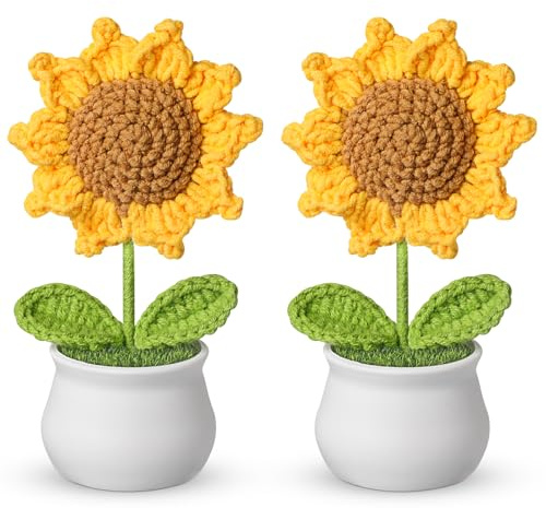 socathey 2PCS Crochet Flowers - Artificial Sunflower Giifts for Women - Handmade Knitted Flower for Car Dashboard Decor - Office Desk Home Decoration - Funny Gifts on Birthday Christmas
