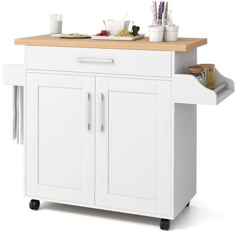 COSTWAY Kitchen Storage Trolley, Rolling Kitchen Island with Adjustable Shelf and Large Drawer, Home Restaurant Dining Room Organiser Sideboard Cupboard Cabinet Cart (White, 111 x 40 x 90cm)