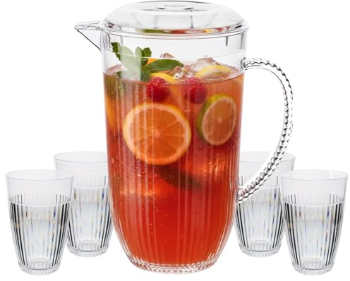 UNIQUE HOME LIVING Clear Acrylic Pitcher 2 Litre Water Jug with Lid, BPA-Free, Juice Jugs with 4 Cups Set for Iced Tea, Lemonade, Cocktails, Cold Beverage Carafe for Fridge - Ribbed Design