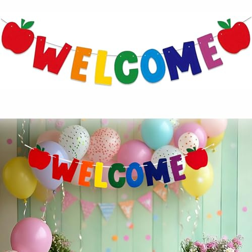 ApexPine Colorful Apple Welcome Banner, Pre-Assembled Back to School Garland, Classroom Welcome Sign for Teachers, First Day of School Decorations for Office Door & Wall