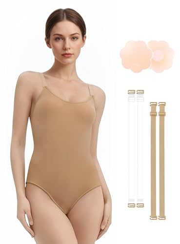 DANSHOW Damen Mädchen Hautfarbenes Ballett-Trikot mit verstellbaren Trägern | Nahtloses unsichtbares hautfarbenes Design, verstellbare Schulterträger in vielen Größen, komplettes passendes Zubehör