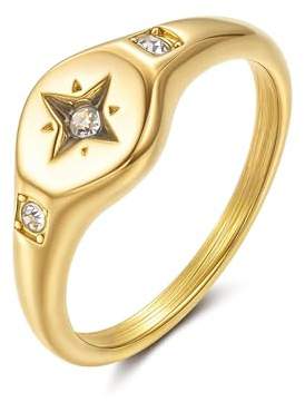 YeGieonr Bague Femme Or Acier Inoxydable - Chevaliere Doree Plaque Or 18K, Bague Empilable Elegante, Bijoux Cadeau Femme