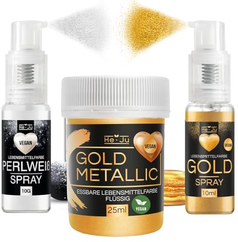 He-Ju 1x essbares Glitzer Spray weiß, 1x Lebensmittelfarbe Gold Spray, 1x Lebensmittelfarbe Gold metallic, vegan, essbarer Glitzer für Lebensmittel & Getränke