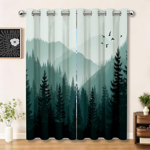 Vorhänge Blickdicht Ideal für bodentiefe Fenster und hohe Räume H200 x B70 cm (2er Pack), Abstrakt Wald Landschaft Design Grün, Schafft Elegante Wohlfühl-Atmosphäre im Wohnzimmer und Büro