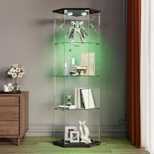 KOOPMAD Vetrina angolare in vetro, vetrina con luce a LED e lucchetto, 1 porta, 4 piani, moderna vetrina in vetro per oggetti da collezione, vetrina in vetro per soggiorno, vetro temperato, nero