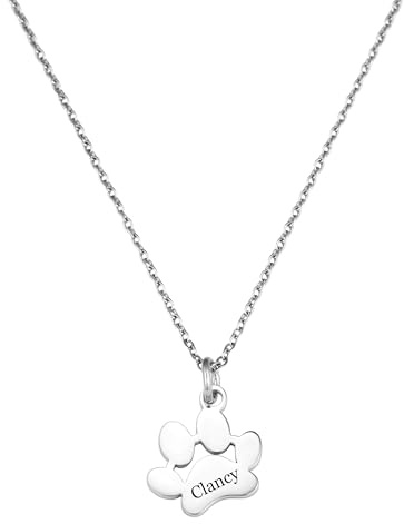 INBLUE Personalisierte Haustier Gedenk Halskette Hund Pfote Anhänger Kette für Damen, Pfotenabdruck Schmuck mit Eingraviert Namen aus 925er Sterlingsilber/Edelstahl Geschenk für Tierliebhaber