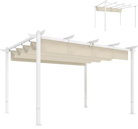 Outsunny Pergola 4x3m Tonnelle de Jardin en Aluminium et Acier - Toit Rétractable avec Toile Coulissante Magnétique et Trous de Drainage - Abri Soleil 12m² Robuste pour Terrasse et Extérieur, Beige