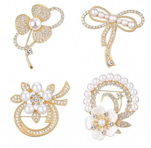 4 Pcs Brooches and Pins for Women Crystal Pearl Brooches Flower Brooch Pearl Brooch Elegant Clothing Accessory for Wedding Clothing Accessory Dress Hat Decoration Bride Engagement Wedding Jewelry