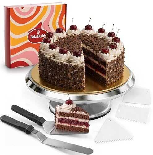 BakeBuddy Piatto girevole per torte Set – Giratorta Professionale da 30 cm in alluminio con base antiscivolo incl. 2 palette angolari e 3 spatole da pasticceria in acciaio inossidabile