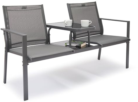 Vonhaus Love Seat for Garden - Grey 2 Seater Textilene Jack & Jill Loveseat - Water-resistant Patio & Companion Set for Outdoor, Balcony & Terrace - 2 Tier Table Tete a Tete - Paris | Water-resistant Patio & Companion Set for Outdoor, Balcony & Terrace, 2 Tier Table Tete a Tete, Paris