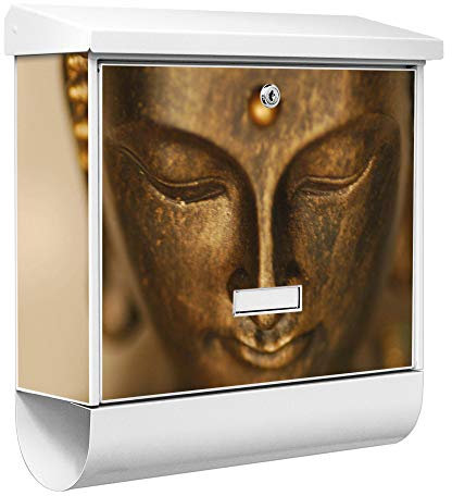 banjado® Burgwächter Briefkasten Weiß 38x39x12cm mit Motiv Buddha Gold/Briefkasten mit Zeitungsfach/Briefkasten mit Zeitungsrolle/Postkasten inkl. Montagematerial & 2 Schlüsseln