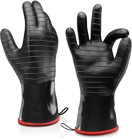 Heat Resistant BBQ Gloves, Long Sleeve, Textured Grip to Handle Wet, Greasy or Oily Foods Fire and Food Safe Turkey Fryer Oven Mitts for Smoker, Grills and Barbecue (Medium 18)