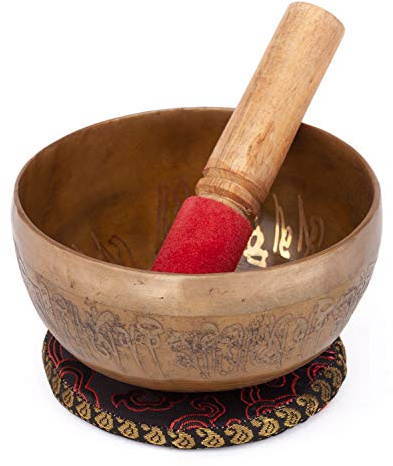 Bodhi Tibetische Klangschale Ø 11 cm | Singing Bowl mit Buddha Gravur | Handgefertigtes Klangschalen Set inkl. Kissen & Klöppel | Ideales spirituelles Geschenk | Meditationszubehör aus Bronze