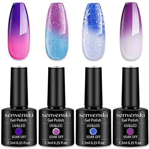 Senvenski Colour Changing Gel Nail Polish Kit, UV/LED Thermal Temperature Nail Art Set with Purple Lavender Blue White Peach Rose Glitter Colours | Manicure Gift Kit for Women, Salon Home Use (WB020)