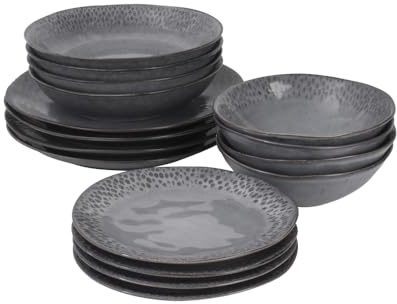 ProCook Malmo Charcoal Grey Teardrop Stoneware Dinner Set Scandinavian Style Dishwasher & Microwave Safe Dinnerware - 16 Piece, 18.5/21.5/23/28 cm