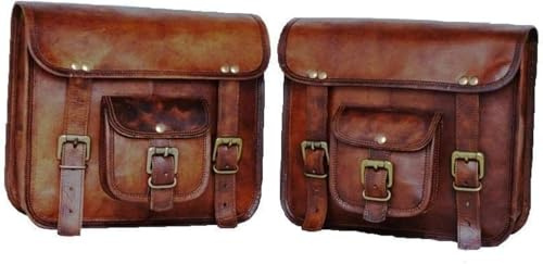 ALASKA EXPORTS - Motorbike Saddle Bags Brown and Black Leather Side Pouch Saddlebags Saddle Panniers (2 Bags) Motorcycle Bicycle Bike ETC.