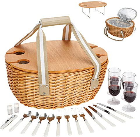 STBoo Wicker picknickkorg för 4 med stor isolerad kylväska och fällbart bord, bestickservice-kit, pilkorg set med tyghandtag för camping, utomhus, jul, fest (beige)